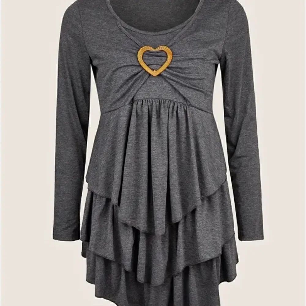 Boho Layered Heart Ring Crew Neck Long Sleeve T-Shirt, Casual Every Day Tops